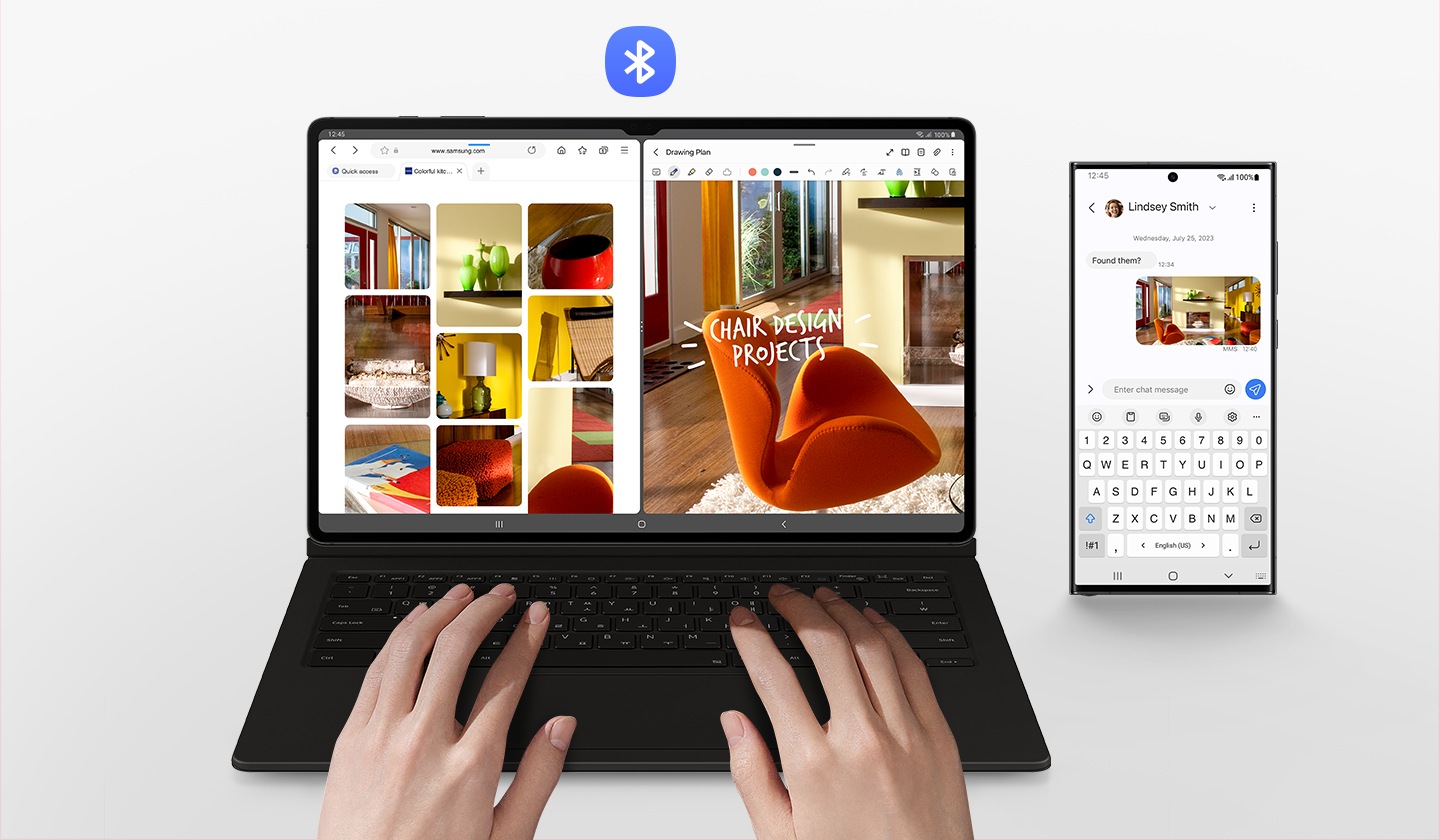 무선 키보드 공유 기능을 통해 다른 갤럭시 기기와도 간단하게 연결해 사용하는 것을 보여주는 이미지