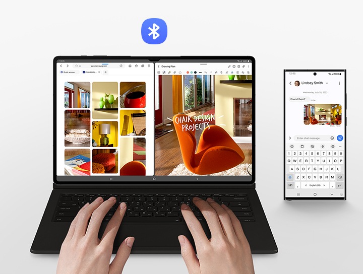 무선 키보드 공유 기능을 통해 다른 갤럭시 기기와도 간단하게 연결해 사용하는 것을 보여주는 이미지