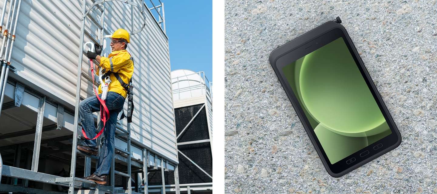 왼쪽 이미지에는 안전 장비를 착용한 남성 작업자가 건물 외벽의 사다리를 오르고 있습니다. 오른쪽 이미지에는 아스팔트 바닥에 앞면을 드러낸 채 놓여 있는 갤럭시 탭 액티브5가 있습니다.