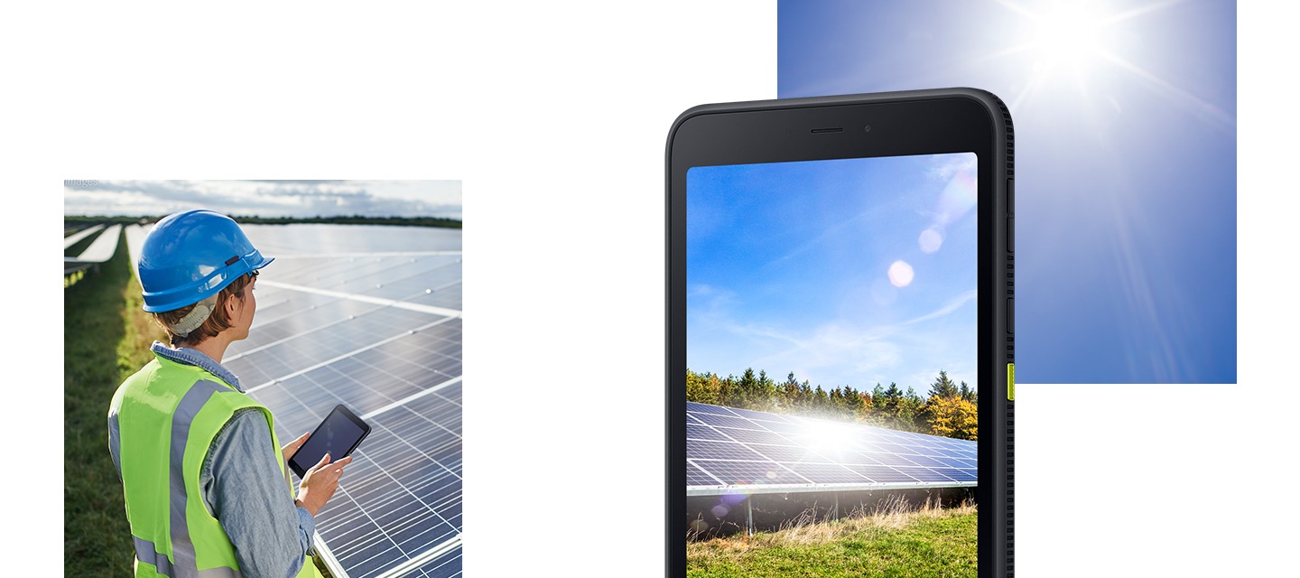 왼쪽 이미지에는 눈부신 햇빛 아래에서 갤럭시 탭 액티브5를 들고 태양광 패널 작업을 하는 작업자가 있습니다. 오른쪽 이미지에는 태양광 패널의 선명한 사진을 표시한 갤럭시 탭 액티브5가 있습니다.