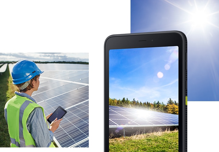 왼쪽 이미지에는 눈부신 햇빛 아래에서 갤럭시 탭 액티브5를 들고 태양광 패널 작업을 하는 작업자가 있습니다. 오른쪽 이미지에는 태양광 패널의 선명한 사진을 표시한 갤럭시 탭 액티브5가 있습니다.