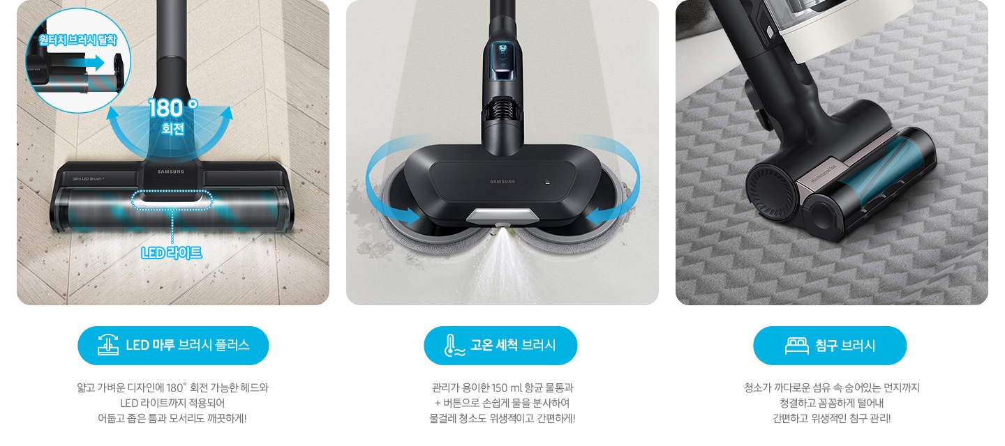 왼쪽부터 BESPOKE 제트의 전용 브러시가 각 각의 네모 칸 안에 나열되어 있습니다.  가장 첫 번째는 헤링 본 패턴 마루 위 부스러기를 청소 중인 LED 마루 브러시 플러스가 확대되어 보입니다. 브러시의 가장 가운데 LED 라이트는 on 상태로 파란색 점선으로 LED 라이트 위치 표시와 문구가 함께 적혀 있습니다. 브러시와 스틱을 연결하는 부분에는 180˚ 회전 글자와 함께 움직임이 가능하다는 표현을 파란색 화살표를 통해 보여주고 있습니다. 브러시 칸 왼쪽 상단에는 원형으로 내부 융 브러시 탈착 방법을 확대하여 보여주고 있고, 원터치 브러시 탈착이라는 문구와 함께 브러시 탈착 방향을 파란색 화살표로 보여주고 있습니다. 브러시 칸 아래에는 파란색 바탕 위에 LED 마루 브러시 아이콘과 LED 마루 브러시 플러스 문구가 적혀 있습니다. 그 아래 얇고 가벼운 디자인에 180˚ 회전 가능한 헤드와 LED 라이트까지 적용되어 어둡고 좁은 틈과 모서리도 깨끗하게!라는 설명 이 적혀 있습니다. 두 번째 박스에는 회색의 바닥 위를 청소 중인 고온 세척 브러시가 보입니다. 청소기가 지나 온 영역은 진한 회색으로 표현되어 있고 최전 중인 좌, 우 브러시의 방향은 파란색 화살표를 통해 보여주고 있습니다. 브러시 가장 앞쪽 가운데에서 가열된 고온수가 분사 중인 모습이 함께 보입니다. 브러시 칸 아래에는 파란색 바탕 위에 고온을 표현하는 온도계 아이콘과 고온 세척 브러시 문구가 적여 있습니다. 그 아래 관리가 용이 간 150 ml 항균 물통과 + 버튼으로 손쉽게 물을 분사하여 물걸레 청소고 위생적이고 간편하게!라는 설명이 적혀 있습니다. 세 번째 박스에는 회색 삼각 무늬 침구 위를 청소 중인 침구 브러시 가 확대되어 보입니다. 브러시 회전 방향은 파란색 화살표로 표시되어 있습니다. 브러시 칸 아래에는 파란색 바탕 위에 침대 모양의 아이콘과 침구 브러시가 적혀 있습니다. 그 아래 청소가 까다로운 섬유 속 숨어있는 먼지까지 청결하고 꼼꼼하게 털어내 간편하고 위생적인 침구 관리!라는 설명이 적혀 있습니다.