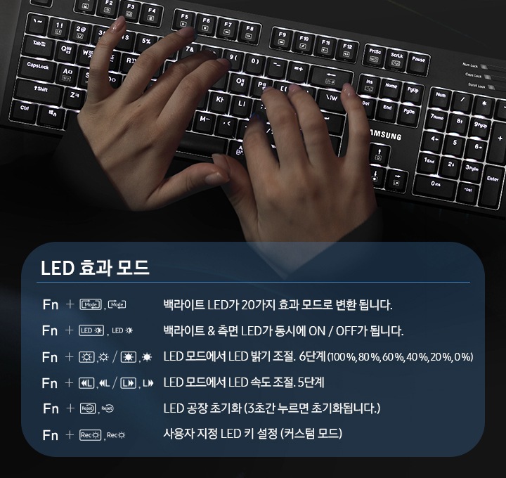 20가지 LED 효과 모드의 변환 방법을 안내하는 이미지를 보여주고 있습니다. 