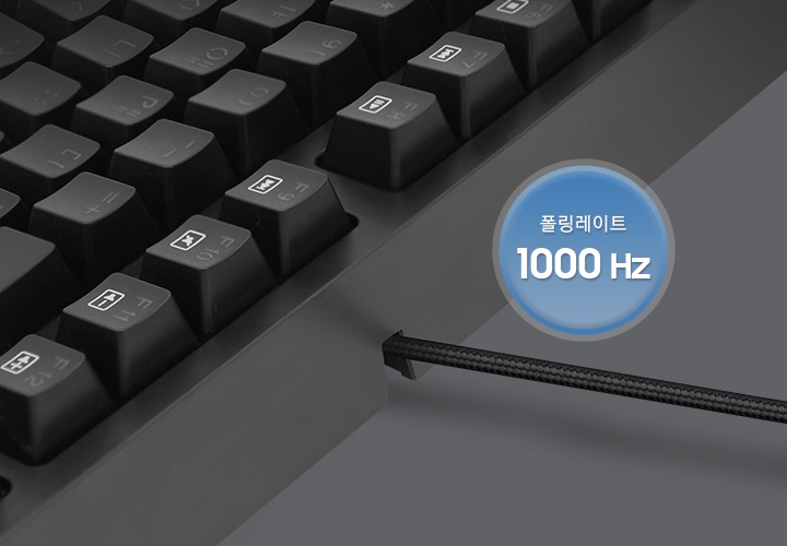 1000 Hz의 빠른 응답속도로 키 입력 시간을 최소화하여 게이밍 시 빠른 움직임과 컨트롤이 가능한 이미지를 보여주고 있습니다. 