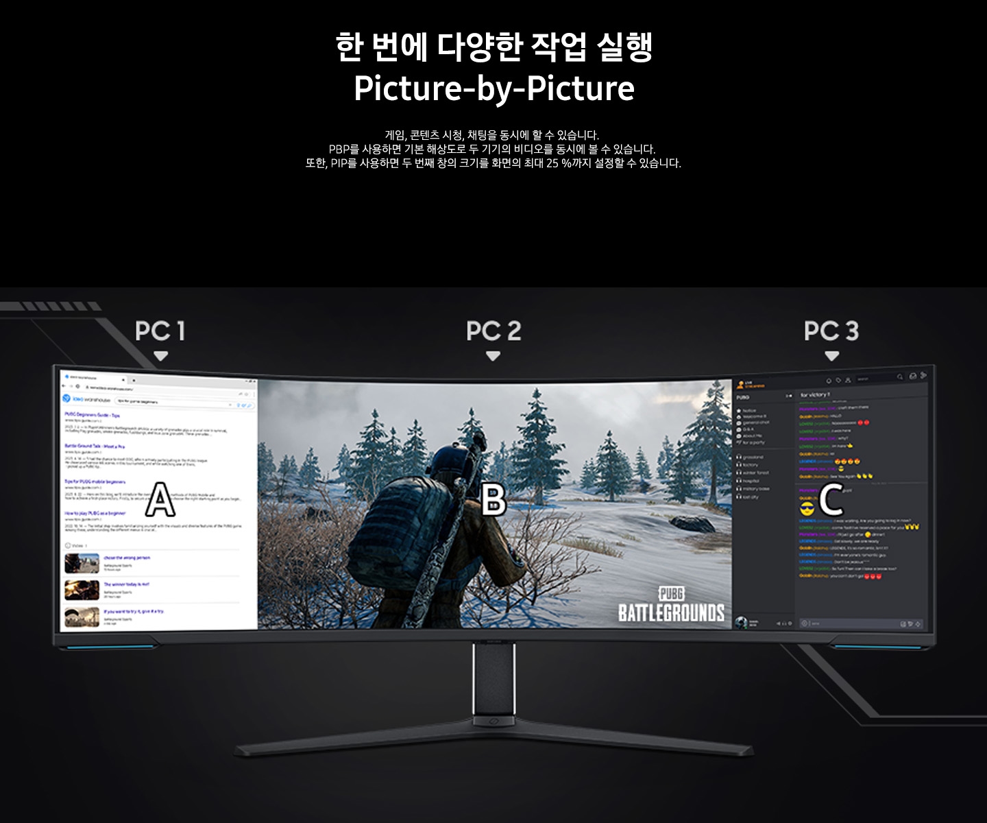모니터의 일부를 다른 PC와 연결해 SUB 화면으로 게임을 플레이하는 장면을 보여주고 있습니다. 