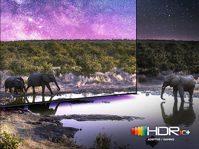 보라색 배경에 코끼리 세 마리가 웅덩이에서 물을 마시고 있는 장면을 색다르게 디테일한 HDR+기술로 표현하고 있어 황홀한 느낌을 받게 될 것입니다.