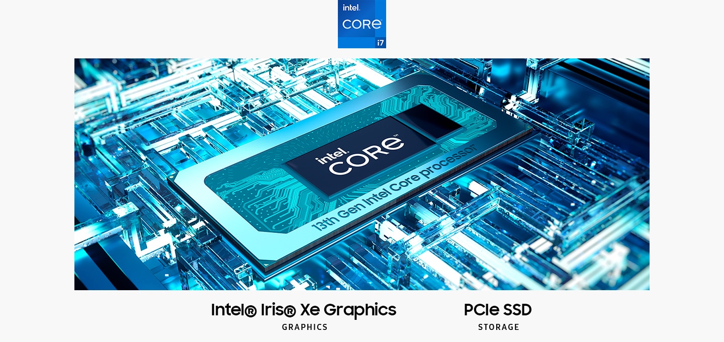 메인보드 안에 연출된 CPU의 연출 이미지가 있습니다. CPU에는 intel® Core™라는 텍스트가 중앙에 있습니다. 하단에는 인텔 Xe 그래픽, UHD, ARC 그래픽, PCIe SSD 스토리지라는 텍스트가 쓰여 있으며, 상단에는 인텔 코어 i7 로고와 인텔 인사이드, 인텔 ARC 그래픽 로고가 표시되어 있습니다.