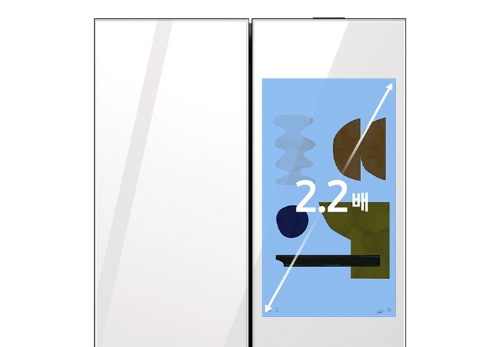 패밀리허브 플러스 상단이 확대되어 있고 우측 스크린 부분이 파란 네모로 표시되어 있습니다. 네모 안에 하얀색 화살표가 양 대각선 방향으로 그려져있고 가운데 2.2배 문구가 있습니다.