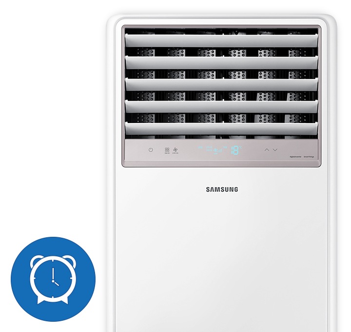 좌흑 하단에 시계 아이콘이 보여지고 중대현 상업용 스탠드에어컨 상단부가 보여집니다.