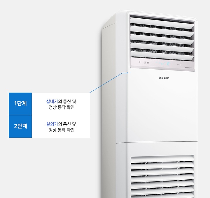 중대형 상업용 스탠드에어컨이 보여지며 상단부 전원 버튼이 보여지고 1단꼐 실내기의 통신 및 정상 동작 확인 2단계 실외기의 통신 및 정상 동작 확인 문구가 보여집니다.