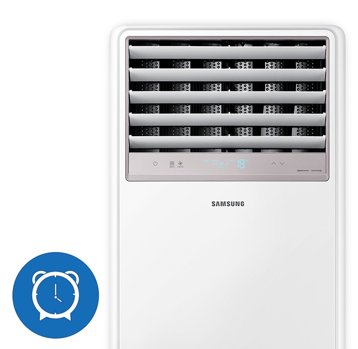 좌흑 하단에 시계 아이콘이 보여지고 중대현 상업용 스탠드에어컨 상단부가 보여집니다.