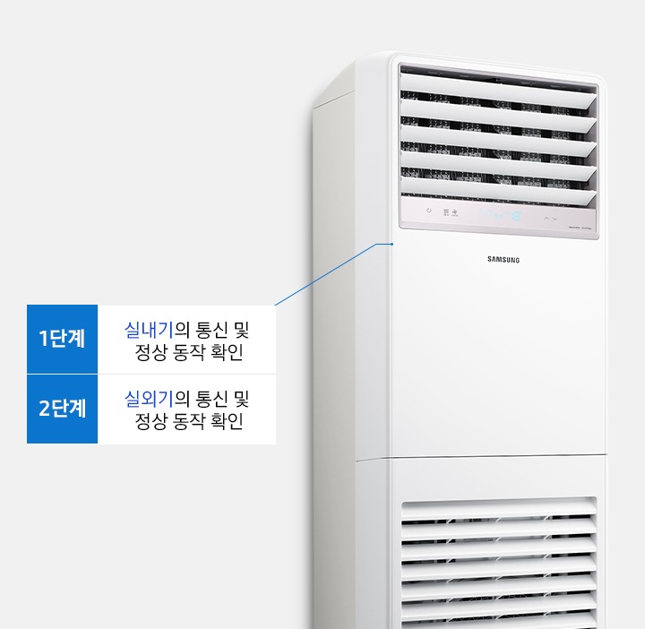 중대형 상업용 스탠드에어컨이 보여지며 상단부 전원 버튼이 보여지고 1단꼐 실내기의 통신 및 정상 동작 확인 2단계 실외기의 통신 및 정상 동작 확인 문구가 보여집니다.