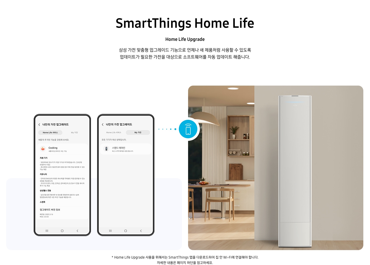 상단부터 타이틀, 서브 타이틀, 설명 글, 이미지가 보여지며 1. 타이틀 SmartThings Home Life 2. 서브타이틀 pet care 3. 설명글 한층 진화된 경험을 할 수 있는 Home Life Upgrade 이 보여지고 하단엔 좌측엔 모바일 디바이스 2개와 나만의 가전 업그레이드화면이 보여지고 우측엔 거실로 보여지는 공간에 스탠드에어컨이 보여지고 두 이미지 사이에 휴대폰에서 와이파이 모양이 나오는 듯한 아이콘이 보여집니다. 하단에 설명글로 * Home Life Upgrade 사용을 위해서는 SmartThings 앱을 다운로드하여 집 안 Wi-Fi에 연결해야 합니다. 자세한 내용은 페이지 하단을 참고하세요. 보여집니다.