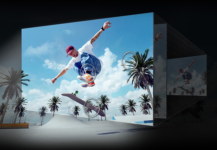 겹겹이 쌓인 화면에 야자수와 스케이트보드를 타는 남성이 보이며, 야자수, 스케이트보드, 스케이트보더의 신발에 동그라미가 쳐져 있습니다.