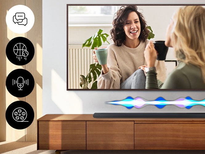 TV에 여성이 대화하는 화면이 보입니다. 하단에는 사운드바 그래픽효과가 보입니다.