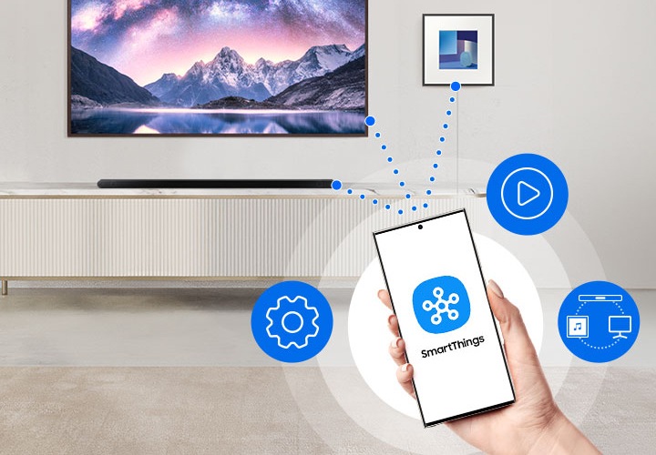 스마트폰 내 SmartThings 앱을 통해 뮤직 프레임, TV, 사운드바가 연결되어 있습니다.