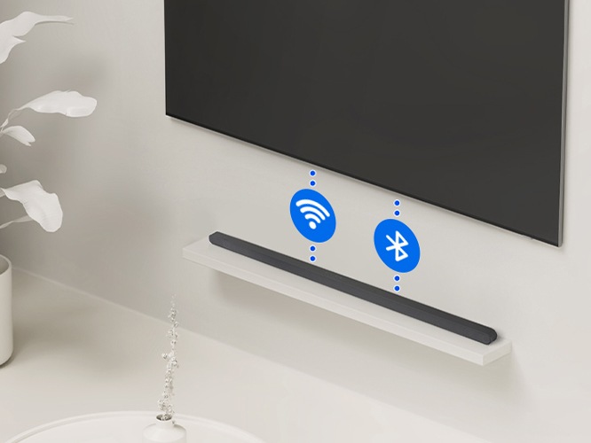 TV 와 사운드바가 연결되어 있고 와이파이, 블루투스 아이콘이 보입니다.