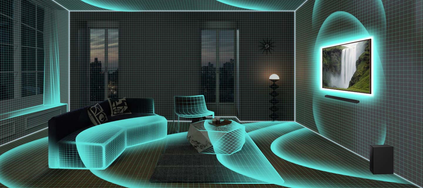 벽에 TV와 사운드바가 설치되어 있으며, 화면에는 자연 풍경이 보입니다. 사운드바에서는 음향효과가 나오고 있습니다.