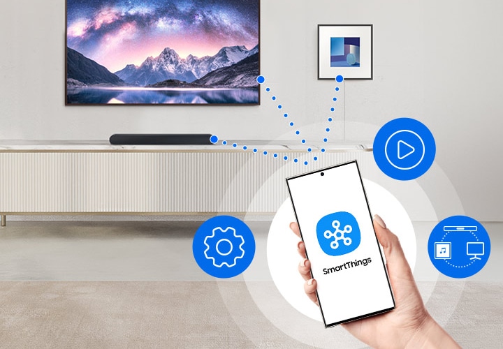 스마트폰 내 SmartThings 앱을 통해 뮤직 프레임, TV, 사운드바가 연결되어 있습니다.