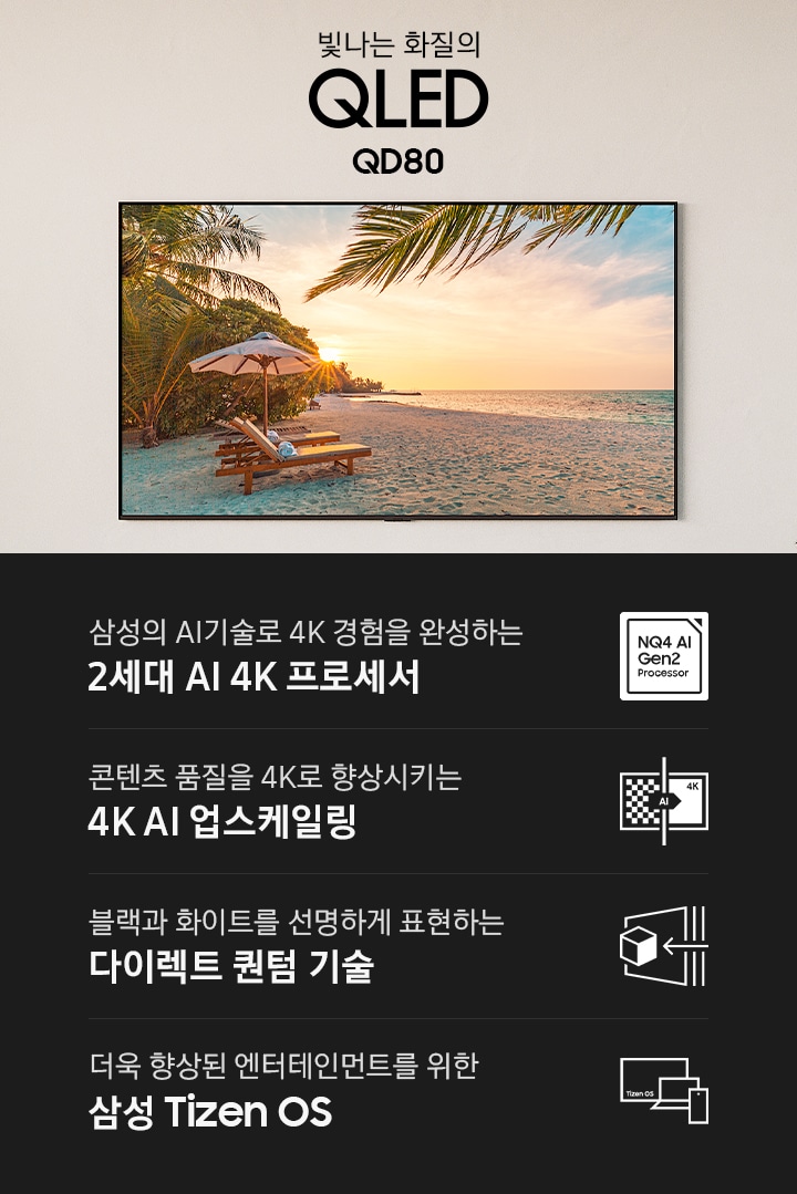 벽에 TV가 설치되어 있으며, 화면에는 해변가가 보입니다. TV 아래에는 장식장이 있으며, 그 위에는 화병과 장식품들이 올려져 있습니다. 빛나는 화질의 QLED QD80 KV입니다. 하단에는 삼성의 AI기술로 4K 경험을 완성하는 2세대 AI 4K 프로세서, 콘텐츠 품질을 4K로 향상시키는 4K AI 업스케일링, 블랙과 화이트를 선명하게 표현하는 다이렉트 퀀텀 기술, 더욱 향상된 엔터테인먼트를 위한 삼성 Tizen OS 문구와 아이콘이 있습니다.