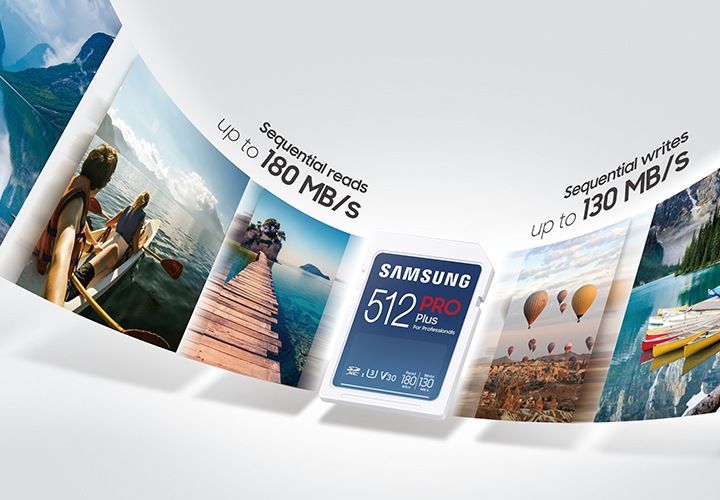 약간 회색빛이 도는 배경에 호숫가의 이미지, 강에서 보트를 타고 있는 사람의 이미지 얕은 바다에 설치된 나무다리의 이미지, SD 메모리카드 PRO Plus 512 GB의 정면 이미지, 열기구의 이미지, 넓은 호수에 여러 색상의 배가 떠있는 이미지가 왼쪽에서 오른쪽으로 둥글게 말리듯 나열되어 있습니다. 둥글게 말리듯 나열된 이미지 상단 부분에는 SD 메모리카드 PRO Plus 512 GB의 정면 이미지를 기준으로 왼쪽 부분에는 Sequential reads up to 180 MB/s 텍스트가 쓰여 있고 오른쪽 부분에는 Sequential writes up to 130 MB/s 텍스트가 쓰여 있습니다.