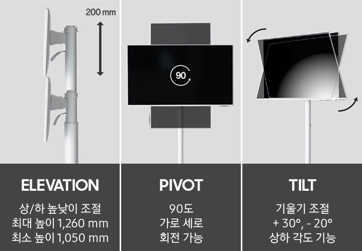 모니터 스탠드에 설치된 모니터를 90도 회전가능한 모습을 보여주고 있습니다. 