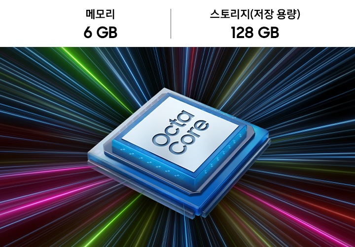 파란색 마이크로칩 중앙이 흰색 컬러로 되어 있고 'Octa Core'라는 텍스트가 있습니다. 다양한 색상의 광선이 마이크로칩 뒤로 모여 있습니다. 이미지 상단에 메모리 6 GB, 스토리지 128 GB 텍스트가 있습니다.