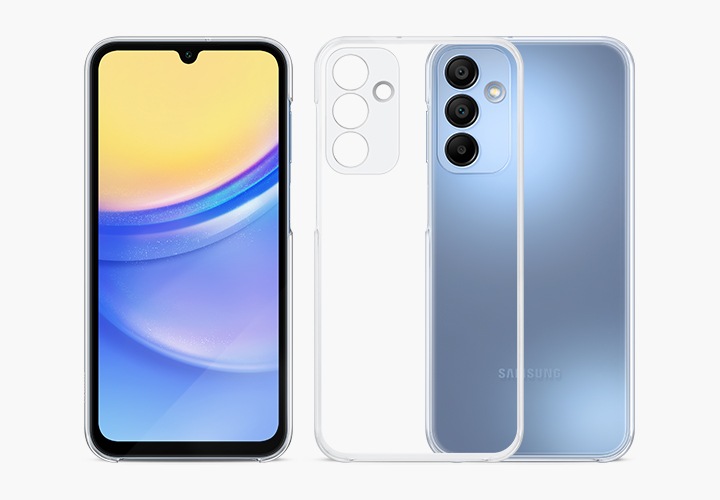 블루 컬러의 갤럭시 A15 기기 2대가 있습니다. 클리어 케이스가 장착된 기기의 전면 모습이 있고 화면에 화려한 그래픽이 있습니다. 오른쪽에는 기기의 후면 모습이 있습니다. 갤럭시 A15 기기 후면 앞으로 클리어 케이스가 겹쳐져 있고 투명한 디자인을 강조하고 있습니다. 