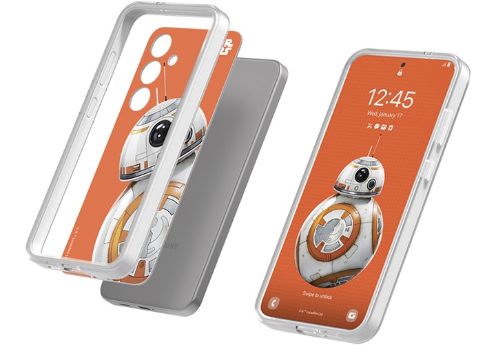 이미지 왼쪽 부분에는 플립수트 케이스와 갤럭시 S24 스타워즈 플립수트 카드를 단말에 장착하는 순서의 이미지가 배치하여 있고 이미지 오른쪽 부분에는 갤럭시 S24 스타워즈 플립수트 카드를 장착 후 단말 화면에 나오는 이미지를 보여주고 있는 이미지가 배치되어 있는 이미지입니다.