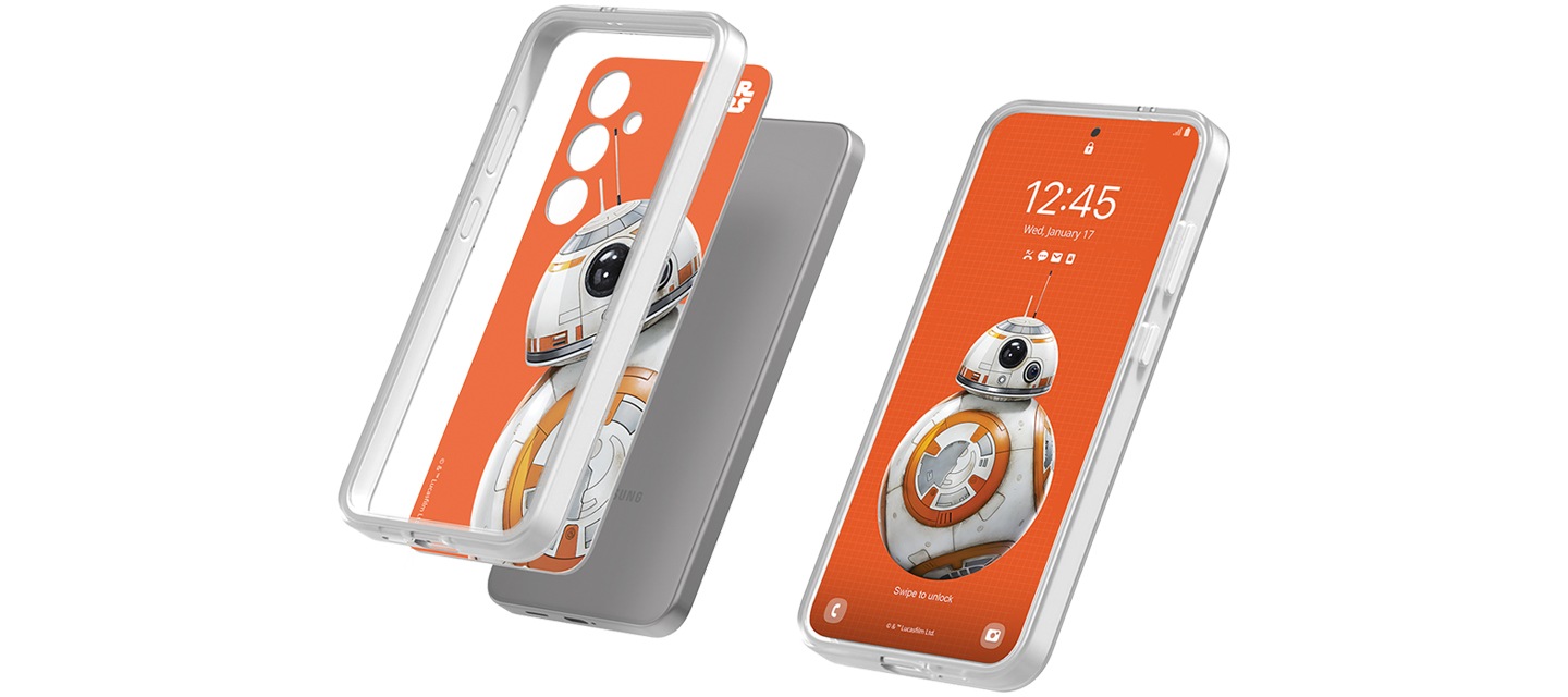 이미지 왼쪽 부분에는 플립수트 케이스와 갤럭시 S24 스타워즈 플립수트 카드를 단말에 장착하는 순서의 이미지가 배치하여 있고 이미지 오른쪽 부분에는 갤럭시 S24 스타워즈 플립수트 카드를 장착 후 단말 화면에 나오는 이미지를 보여주고 있는 이미지가 배치되어 있는 이미지입니다.