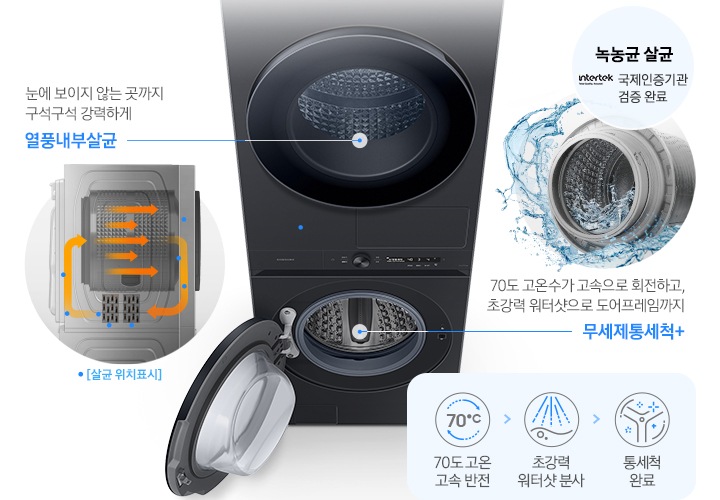 BESPOKE 그랑데 AI 원바디 Top-Fit 제품의 정면 상단 이미지입니다. 세탁기 부분의 도어가 열려있습니다. 이미지 왼쪽에는 제품 내부를 투시한 측면 이미지를 통해 열풍내부살균의 작동원리를 설명하고 있습니다. 오른쪽에는 무세제통세척+ 기능을 실행중인 세탁조의 모습이 있습니다.