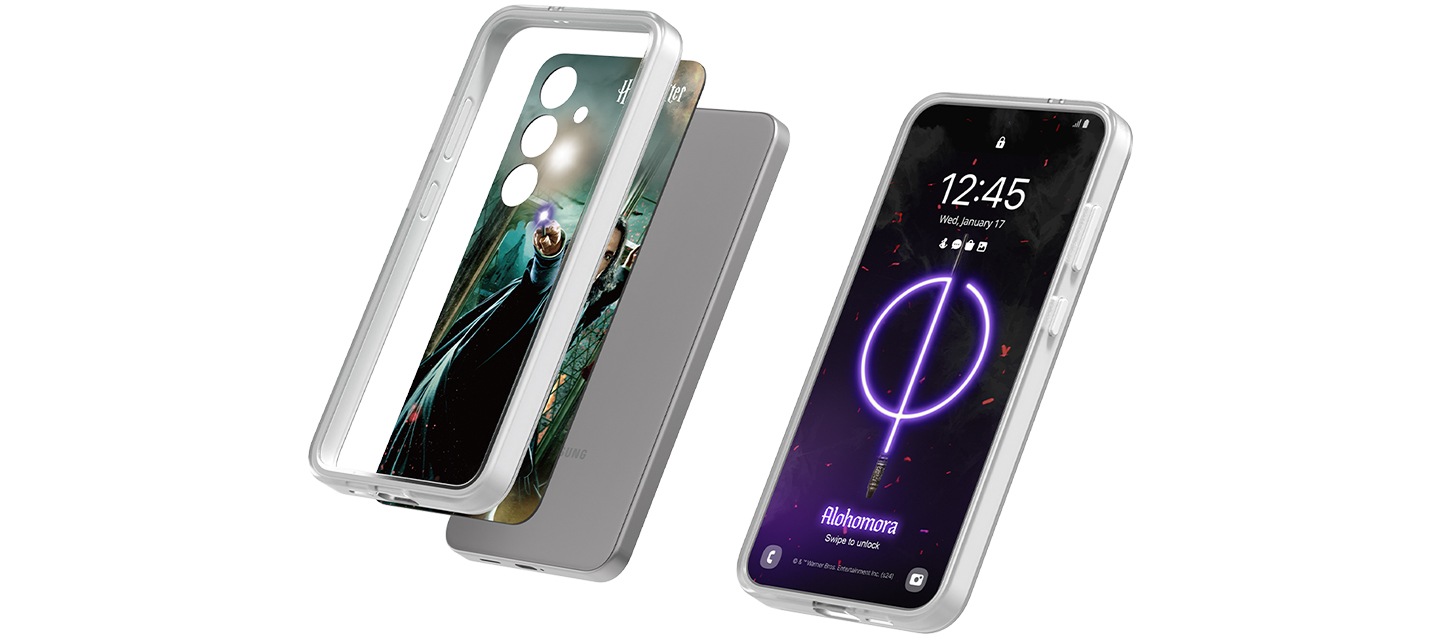 이미지 왼쪽 부분에는 플립수트 케이스와 갤럭시 S24 해리포터 마법 플립수트 카드 (벨라트릭스)를 단말에 장착하는 순서의 이미지가 배치하여 있고 이미지 오른쪽 부분에는 갤럭시 S24 해리포터 마법 플립수트 카드 (벨라트릭스)를 장착 후 단말 화면에 나오는 이미지를 보여주고 있는 이미지가 배치되어 있는 이미지입니다.