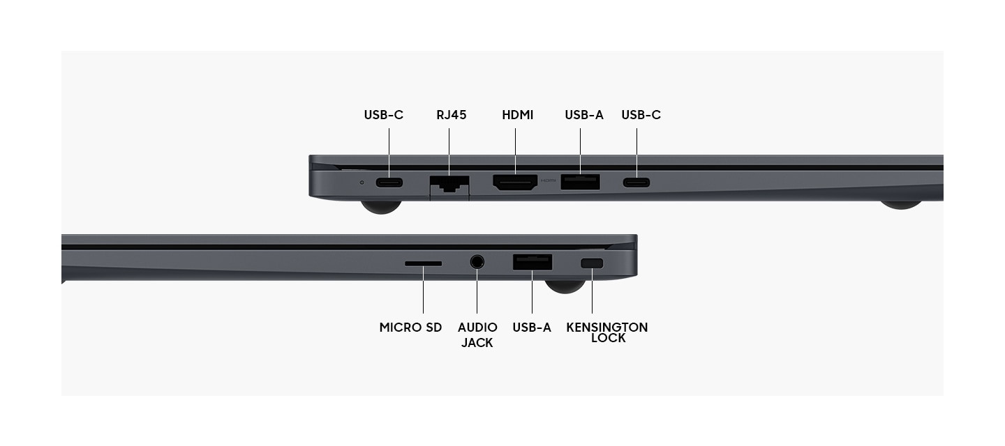 그레이 컬러의 갤럭시 북4 2대가 위아래로 배치되어 기기의 좌측면과 우측면 포트 레이아웃을 드러내고 있습니다. 각각의 포트가 무엇인지 설명해주는 명칭이 표기되어 있습니다. USB-C, RJ 45, HDMI, USB-A, 마이크로SD, 오디오 잭, 켄싱턴 락 입니다.