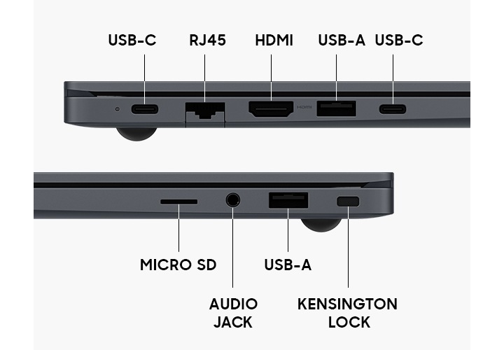 그레이 컬러의 갤럭시 북4 2대가 위아래로 배치되어 기기의 좌측면과 우측면 포트 레이아웃을 드러내고 있습니다. 각각의 포트가 무엇인지 설명해주는 명칭이 표기되어 있습니다. USB-C, RJ 45, HDMI, USB-A, 마이크로SD, 오디오 잭, 켄싱턴 락 입니다.