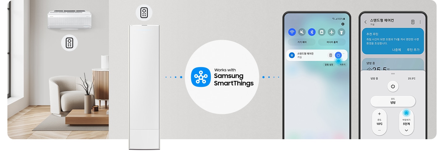 화사한 흰색톤으로 인테리어 되어있는 공간에 좌측엔 거실의 공간이 보여지고 거실 벽면에 벽걸이 에어컨이 설치 되어있는 보습이며 벽걸이 아래에 일인용 쇼파와 낮은 탁자가 보여지며 가운데 벽이 있으며 그 벽앞으로 스탠드 에어컨이 보여지고 좌측 벽걸이 에어컨과 동일하게 에어컨 위에 모바일 아이콘이 보여지고 정면 가운데 스마트싱스 아이콘과 함게 마크가 보여지며 좌측 벽걸이에와 스탠드 에어컨이 점섬으로 연결되어있는듯한 모습이 보여지고 우측엔 모바일 디바이스가 보여지며, 모바일 퀵패널 상단에서 슬라이드로 아래로 내려 나오는 리모컨 온 오프 기능으로 에어컨을 제어할수 있는듯한 모습이 보여지고 그옆 디바이스 에서 스마트싱스가 활성화 되어있는 모습이 보여지고 하단에서 슬라이드로 올려 디바이스를 리모컨 처럼 전원을 껏다 켯다 온도를 올렸다 내렸다 할 수 있는 모습이 보여집니다.