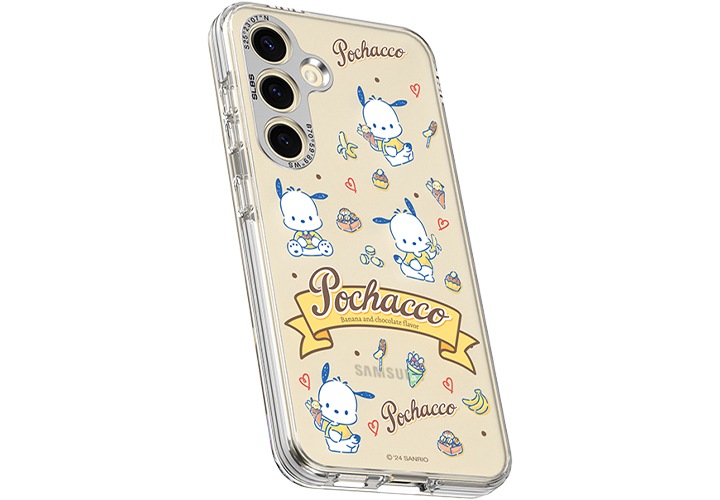 갤럭시 S24 산리오 임프레션 케이스 (포차코)를 장착 후 오른쪽 윗부분이 뒤로 10도 기울어진 정면 이미지가 이미지 중앙에 보이고 있습니다.