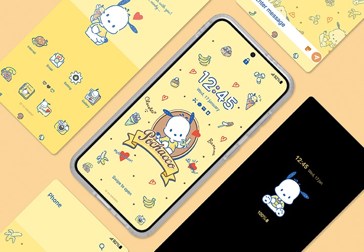 연한 주황색 배경에 스마트폰으로 동봉된 테마가이드에 있는 QR을 스캔하여 사용할 수 있는 테마의 예시를 보여주는 이미지입니다. 이미지 중간 부분에는 스페셜 테마를 사용한 잠금 화면의 이미지를 보여주고 있고 잠금 화면을 중심으로 테마를 사용하는 홈 화면의 이미지, 문자를 보내는 화면의 이미지, 전화를 걸려고 하는 화면의 이미지가 시계방향으로 나열되어 있습니다. 잠금 화면의 이미지와 시계 방향으로 나열된 이미지들은 오른쪽으로 30도 기울어져 보이고 있습니다.