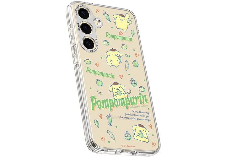 갤럭시 S24+ 산리오 임프레션 케이스 (폼폼푸린)를 장착 후 오른쪽 윗부분이 뒤로 10도 기울어진 정면 이미지가 이미지 중앙에 보이고 있습니다.