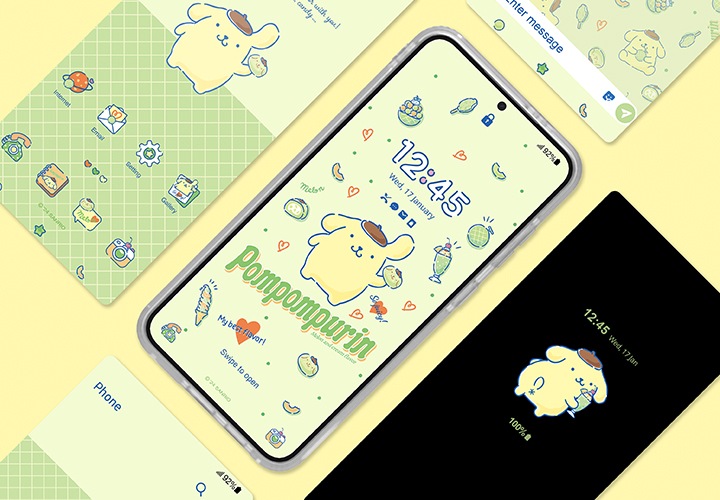 연한 노란색 배경에 스마트폰으로 동봉된 테마가이드에 있는 QR을 스캔하여 사용할 수 있는 테마의 예시를 보여주는 이미지입니다. 이미지 중간 부분에는 스페셜 테마를 사용한 잠금 화면의 이미지를 보여주고 있고 잠금 화면을 중심으로 테마를 사용하는 홈 화면의 이미지, 문자를 보내는 화면의 이미지, 전화를 걸려고 하는 화면의 이미지가 시계방향으로 나열되어 있습니다. 잠금 화면의 이미지와 시계 방향으로 나열된 이미지들은 오른쪽으로 30도 기울어져 보이고 있습니다.