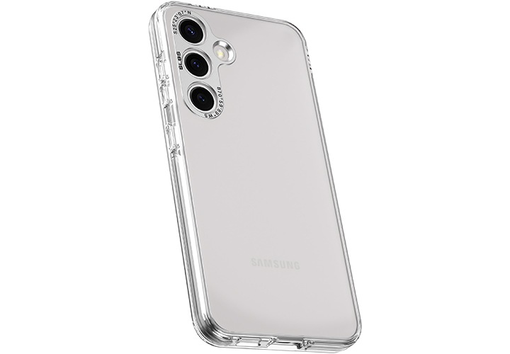 갤럭시 S24+ 클리어 임프레션 케이스를 장착 후 오른쪽 윗부분이 뒤로 10도 기울어진 정면 이미지가 이미지 중앙에 보이고 있습니다.