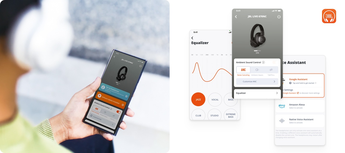 손으로 스마트폰을 들고 있으며, 스마트폰 화면에는 JBL 애플리케이션 화면이 보입니다. 우측에는 JBL LIVE 670NC 무선 온이어 헤드폰이 연결된 애플리케이션 UI 화면들이 배치되어 있습니다.
