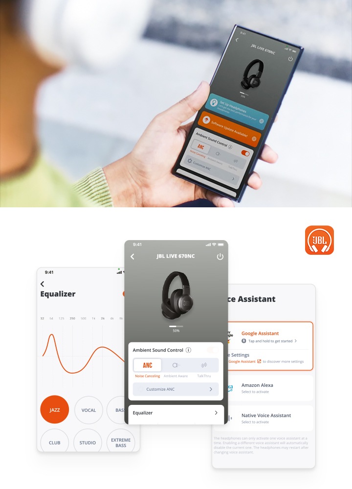 손으로 스마트폰을 들고 있으며, 스마트폰 화면에는 JBL 애플리케이션 화면이 보입니다. 우측에는 JBL LIVE 670NC 무선 온이어 헤드폰이 연결된 애플리케이션 UI 화면들이 배치되어 있습니다.
