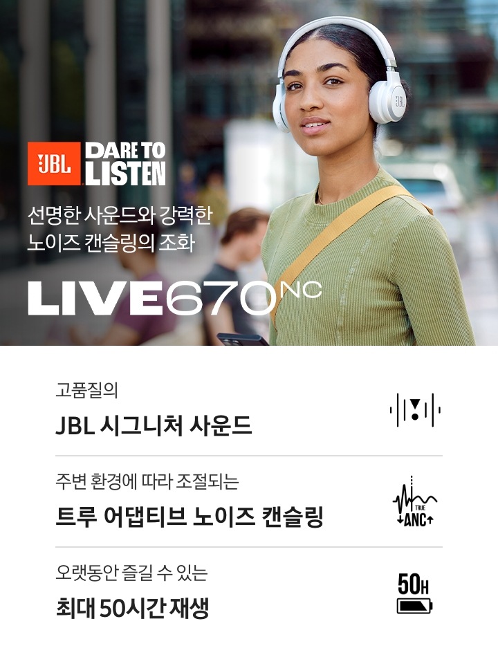 JBL LIVE 670NC 무선 온이어 헤드폰을 착용하고 있는 여성의 모습입니다. 여성의 좌측에는 JBL 로고와 함께 선명한 사운드와 강력한 노이즈 캔슬링의 조화 Live 670 NC 로고가 있으며, 이미지 아래에는 고품질의 JBL 시그니처 사운드, 주변 환경에 따라 조절되는 트루 어댑티브 노이즈 캔슬링, 오랫동안 즐길 수 있는 최대 50시간 재생 특장점 텍스트와 각각의 아이콘 이미지가 있습니다.