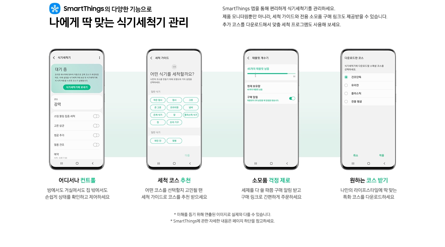 왼쪽 상단에 SmartThings의 다양한 기능으로 나에게 딱 맞는 식기세척기 관리의 제목 텍스트가 보이며 오른쪽 상단에 SmartThings 앱을 통해 편리하게 관리하세요. 제품 모니터링뿐만 아니라, 세척 가이드와 전용 소모품 구매 링크도 제공받을 수 있습니다. 추가 코스를 다운로드해서 맞춤 세척 프로그램도 사용해 보세요.의 텍스트가 보입니다.  가운데에 스마트폰 4개의 이미지가 나란히 보이며 각각 기능을 소개하고 있습니다. 왼쪽부터 스마트폰에 SmartThings 앱에서 식기세척기의 대기 중 화면이 보이며 식기세척기를 조절 하는 화면이 보이며 스마트폰 아래에는 어디서나 컨트럴 방에서도 거실에서도 집 밖에서도 손쉽게 상태를 확인하게 제어하세요의 텍스트가 보입니다. 스마트폰에 SmartThings 앱에서 어떤 식기를 세척할까요?의 대기 중 화면이 보이며 식기세척기에서 세척할 식기를 조절 하는 화면이 보이며 스마트폰 아래에는 세척 코스 추천 어떤 코스를 선택할지 고민될 땐 세척 가이드로 코스를 추천 받으세요의 텍스트가 보입니다. 스마트폰에 SmartThings 앱에서 태블릿 계수기의 화면이 보이며 식기세척기의 태블릿의 보유량을 알려주는 화면이 보이며 스마트폰 아래에는 소모품 걱정 제로 세제를 다 쓸 때쯤 구매 알림 받고 구매링크로 간편하게 주문하세요의 텍스트가 보입니다. 스마트폰에 SmartThings 앱에서 다운로드한 코스의 화면이 보이며 스마트폰 아래에는 원하는 코스 받기 나만의 라이프스타일에 딱 맞는 특화 코스를 다운로드 하세요의 텍스트가 보입니다. 아래에는 * 이해를 돕기 위해 연출된 이미지로 실제와 다를 수 있습니다. * SmartThings에 관한 자세한 내용은 페이지 하단을 참고하세요.의 텍스트가 보입니다.