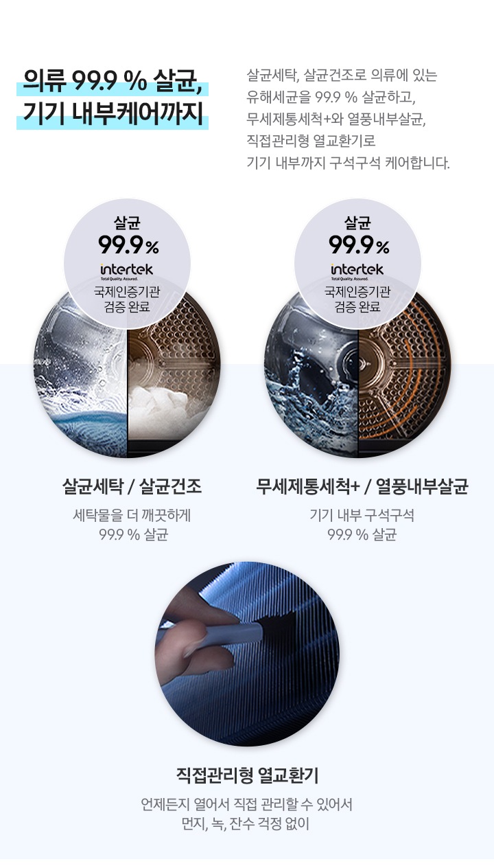 의류 99.9%살균, 기기 내부케어까지 내용입니다. 살균 세탁, 살균 건조로 의류에 있는 유해 세균을 99%9%살균하고, 무세제통세탁+와 열품 내부 살균, 직접 관리형 열교환기로 기기 내부까지 구석구석 케어합니다. 살균 세탁/살균 건조 세탁물을 더 깨끗하게 99.9% 살균하고 intertek 국제인증기관 검증완료 로고가 보입니다. 무세제통세척+/열풍 내부 살균 기기내부 구석구석 99.9% 살균하고 intertek 국제인증기관 검증완료 로고가 보입니다. 직접 관리형 열교환기 언제든지 열어서 직접관리 수 있어서 먼지, 녹, 잔수 걱정없이 설명을 하고 있습니다.