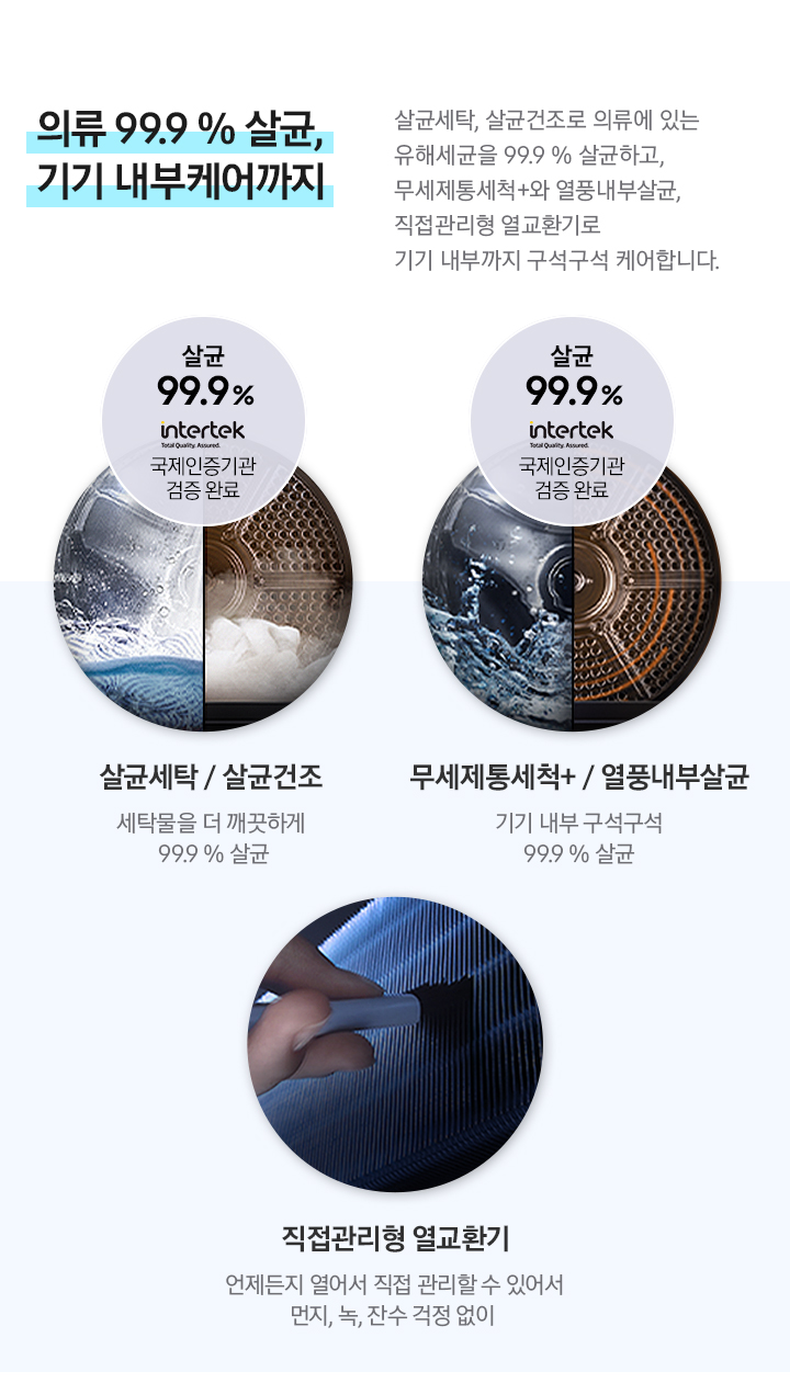 의류 99.9%살균, 기기 내부케어까지 내용입니다. 살균 세탁, 살균 건조로 의류에 있는 유해 세균을 99%9%살균하고, 무세제통세탁+와 열품 내부 살균, 직접 관리형 열교환기로 기기 내부까지 구석구석 케어합니다. 살균 세탁/살균 건조 세탁물을 더 깨끗하게 99.9% 살균하고 intertek 국제인증기관 검증완료 로고가 보입니다. 무세제통세척+/열풍 내부 살균 기기내부 구석구석 99.9% 살균하고 intertek 국제인증기관 검증완료 로고가 보입니다. 직접 관리형 열교환기 언제든지 열어서 직접관리 수 있어서 먼지, 녹, 잔수 걱정없이 설명을 하고 있습니다.