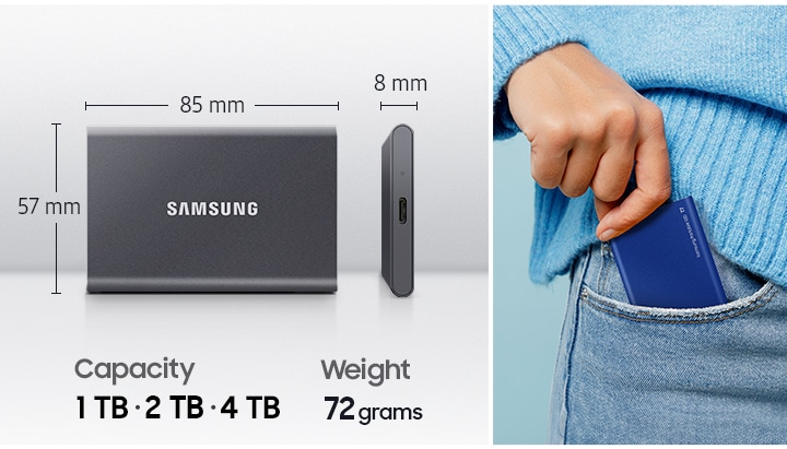 이미지 왼쪽 부분에는 외장 SSD를 세워 놓은 정면 이미지에 세로는 85 mm, 가로는 57 mm, 두께는 8 mm인 것을 선으로 표시하여 알려주고 있고 이미지 하단에 Capacity 1 TB, 2 TB, 4 TB Weight 72 grams 텍스트가 적혀 있습니다. 이미지 오른쪽에는 파란색 니트와 청바지를 입은 사람이 주머니에서 외장 SSD를 꺼내고 있는 이미지가 보이고 있습니다.