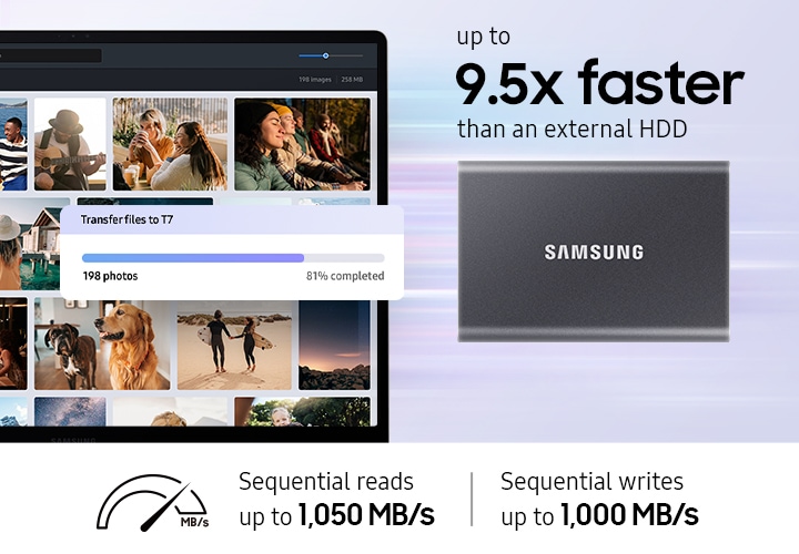 이미지 왼쪽 부분에는 파일을 업로드하고 있는 노트북 화면이 보이고 있고 이미지 오른쪽 부분에는 중간에 외장 SSD의 정면 이미지가 보이고 있으며 이미지 상단에는 up to 9.5x faster than an external HDD 텍스트가 쓰여 있고 이미지 하단에는 Sequential reads up to 1,050 MB/S, Sequential writes up to 1,000 MB/S 텍스트가 쓰여 있습니다.