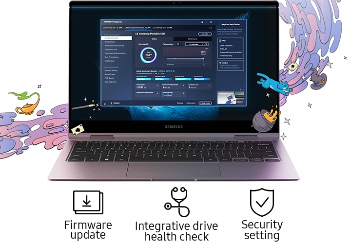 배경에 보라색과 연보라색으로 물이 흐르는 이미지를 일러스트로 그린 배경에 이미지 중간 부분에는 Samsung Magician 소프트웨어를 사용하고 있는 노트북의 정면 이미지가 보이고 있고 이미지 하단 부분에는 네모 안에 아래를 향하고 있는 화살표가 그려진 아이콘과 Firmware update 텍스트, 청진기 아이콘과 Integrative drive health check 텍스트, 방패 안에 체크 표시가 있는 아이콘과 Security setting 텍스트가 쓰여있습니다.