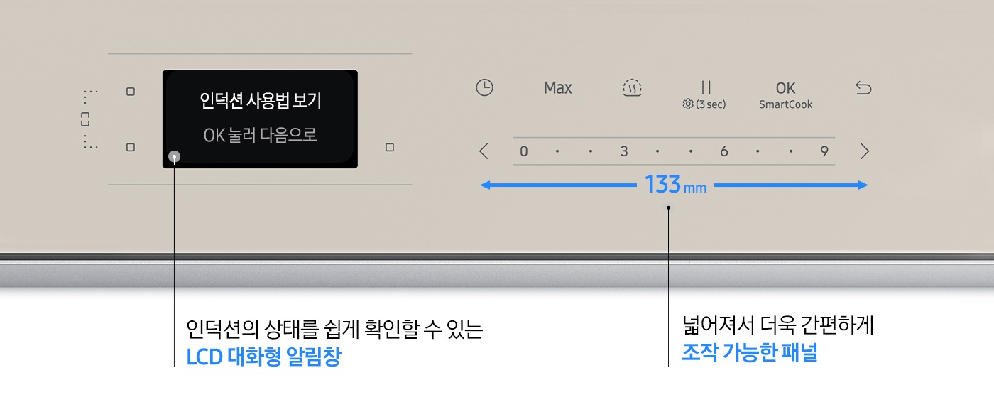 검은색 바 형태로 전기레인지 조작부가 크게 확대되어 보입니다. 왼쪽에는 LCD 대화형 알림 창이 보입니다. 알림 창 안에는 인덕션 사용법 보기, OK 눌러 다음으로 라는 문구가 적혀 있고 닷 형태의 표기 아래 인덕션의 상태를 쉽게 확인할 수 있는 LCD 대화형 알림 창이라는 설명이 적혀 있습니다. 오른쪽으로는 전기 레인지의 조작부가 보입니다. 타이머, Max, 가열, 일시정지, OK SmartCook, 되돌리기 화살표 아이콘이 좌에서 우로 순서대로 보이고 하단에는 < 0, 3, 6, 9 >에 따른 화력 조절 부위가 보입니다. 아래에는 갈색 화살표로 좌우로 넓어진 조작부가 강조되어 보이고 가운데에는 133mm라는 수치가 적혀있습니다. 닷 형태의 표기 아래 넓어져서 더욱 간편하게 조작 가능한 패널이라는 설명이 적혀 있습니다.